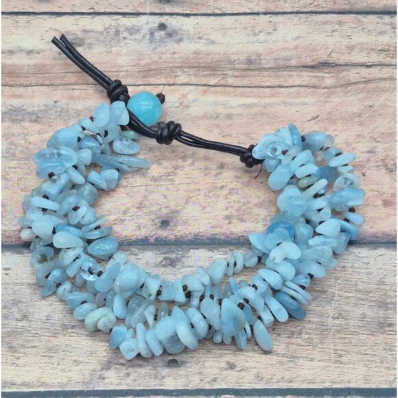 Muti Strand Natural Blue Aquamarine Chip Stone Bracelet Boho Hippie Nature Lover - Picture 7 of 9
